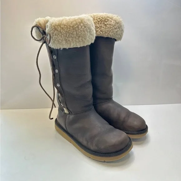 UGG Australia Upside Brown Leather Tall Winter Lace Boots Women’s Size 6 - Picture 3 of 10